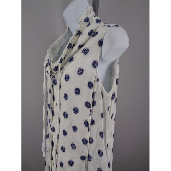 209 WST 38 Linen White Blue Polka Dot Tie Neck Sleeveless Button Dress Sz Small - Picture 7 of 12